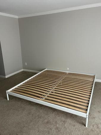 King-size bed frame, large duvet, 4 big pillows, and bed sheets 1