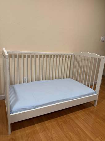 IKEA crib + bed frame + mattress + guard rail + waterproof sheet + she 2