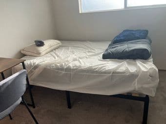 Bedframe, full size mattress, table and chair 250$ at California Av 2