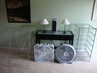 Fans, heater, table lamps, kettle, pot, toaster oven, closet organizer 1