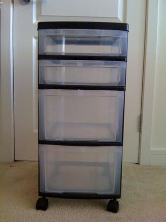 4 tier plastic drawer ($10) and stainless steel dish rack ($15) 1