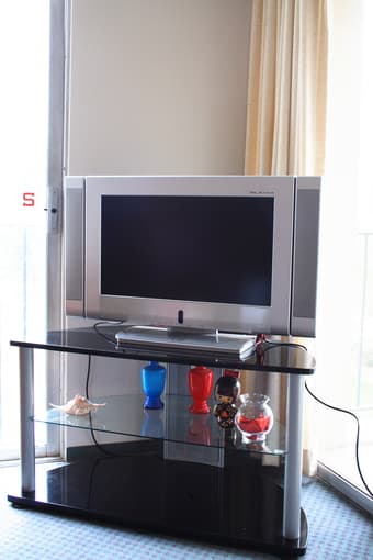 Black & Chrome TV Stand + 2 Sidestands + 2 White tablecloths ($50) 1