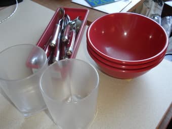 3 bowls + multiple utensil sets with tray + 2 clear plastic cups 1