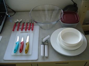 plates, bowl, silverware, can-opener, for $ 6.90 1