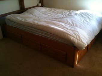 Futon, queen bed w/mattress, desks, lamps, bookcases, chairs for sale. 3