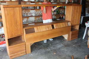 CA King Oak bed with attached nightstands/storage - $50 1