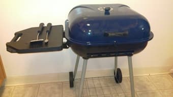 Grill, fake decorative tall tree, camping chair 1
