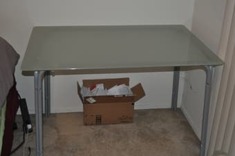 Glass table, 4 chairs and small TV/ Stero stand 2