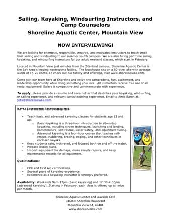 NOW HIRING - Counselors, Sailing, Kayaking, & Windsurfing Instructors 1