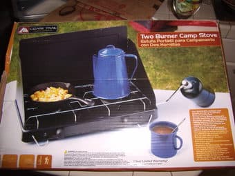2-burner Camping Stove + 1 bottle propane = $20 1