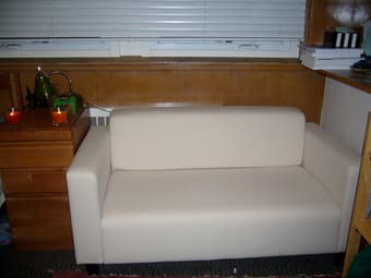 Selling: IKEA Couch, coffee table, chairs, and wooden stand! 1