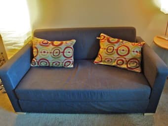 2 IKEA sofas, TV stand, desk + desk chair for sale 1